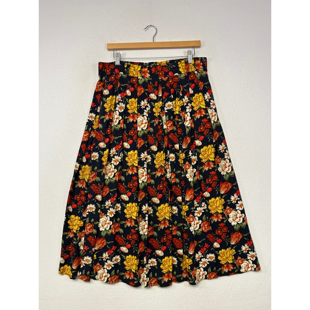 Cottagecore Potomac Collection Womens 12 Navy Floral Pleated Midi Skirt 90s